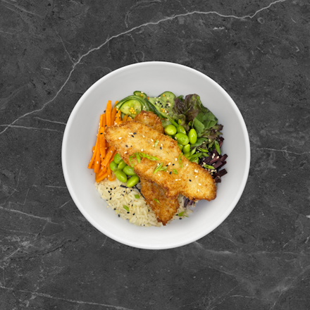 Poke bowl with crispy chicken fingers