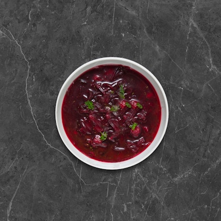 Beet soup with grilled pork