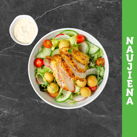 Salad with fried potato croquettes and grilled chicken