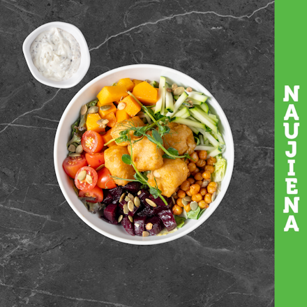 Rudeninių daržovių bowl su menke 