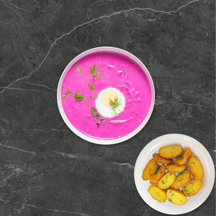 Cold beetroot soup with fried potatoes with skin on
