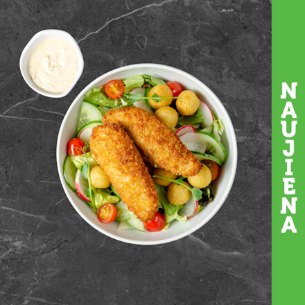 Salad with crispy chicken fingers and fried potato croquettes
