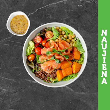 Salad with baked sweet potatoes and salted salmon