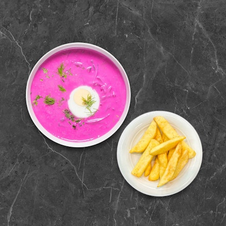 Salty borscht with fried Steak House fries