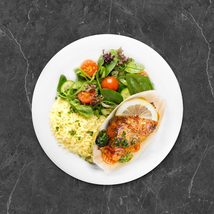 Salmon with vegetables and mango jalapeno glaze