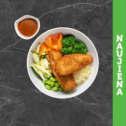 Green bowl with crispy chicken fingers