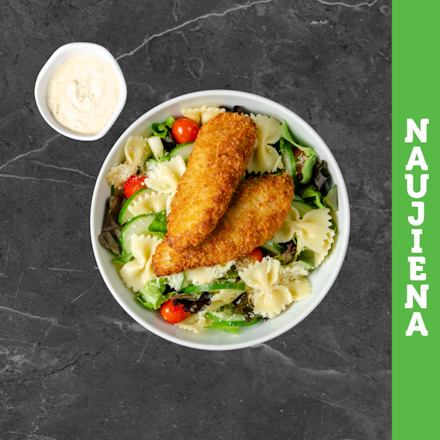 Salad with crispy chicken fingers and Farfalle pasta