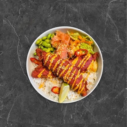 Donburi with cod in beetroot tempura 🌶️